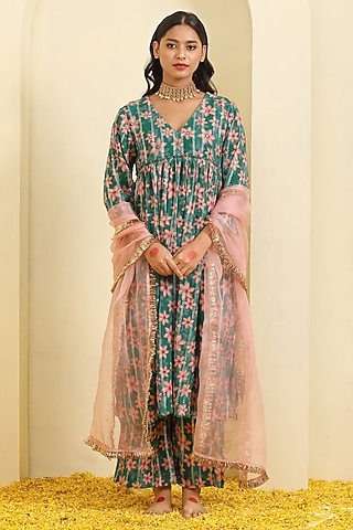 Green Cotton Hand Embroidered & Printed Kurta Set by Trendy Tokari