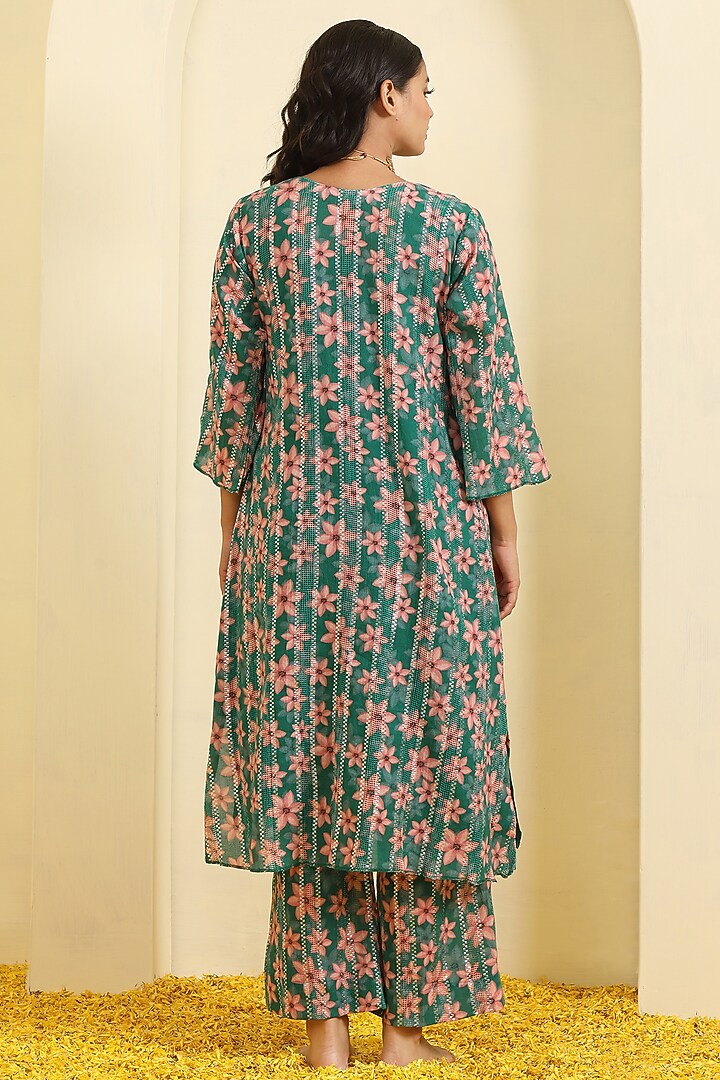Green Cotton Hand Embroidered & Printed Kurta Set by Trendy Tokari at Pernia's Pop Up Shop