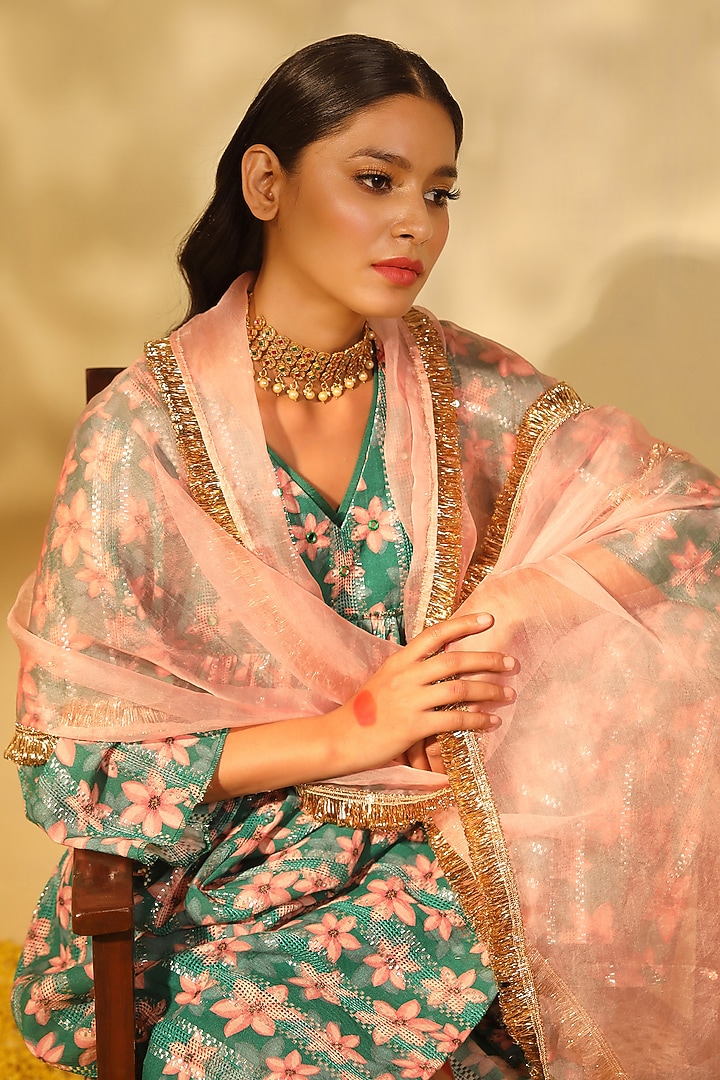 Green Cotton Hand Embroidered & Printed Kurta Set by Trendy Tokari at Pernia's Pop Up Shop
