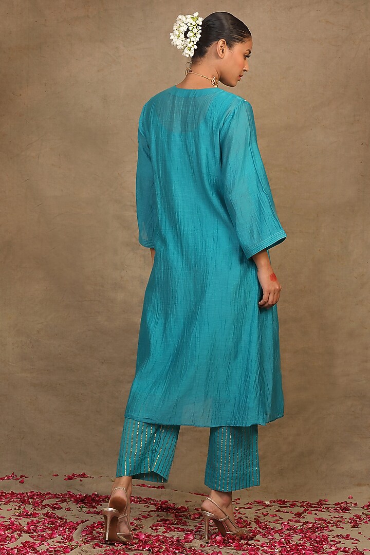 Turquoise Blue Silk Chanderi Gota Hand Embroidered Kurta Set by Trendy Tokari at Pernia's Pop Up Shop