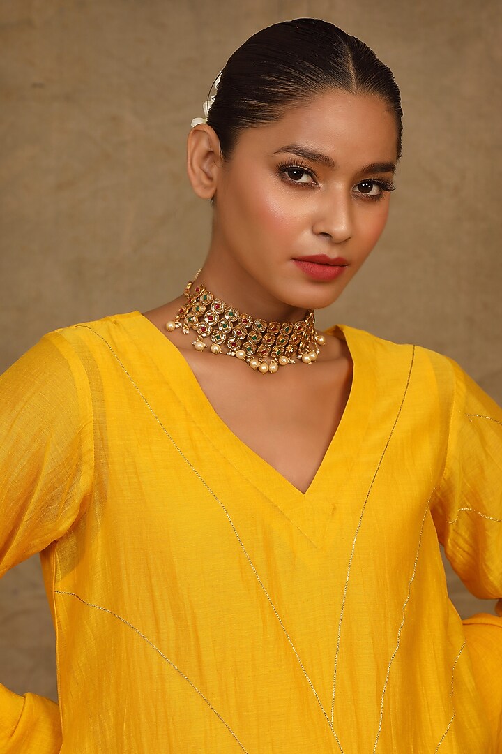 Mustard Yellow Silk Chanderi Badla Hand Embroidered Kurta Set by Trendy Tokari at Pernia's Pop Up Shop