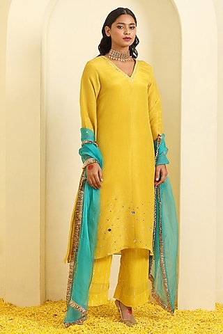 Yellow Silk Chanderi Mirror Hand Embroidered Kurta Set by Trendy Tokari