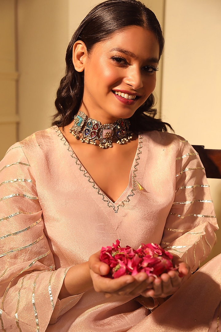 Peach-Pink Silk Tissue Gota Hand Embroidered Kurta Set by Trendy Tokari at Pernia's Pop Up Shop