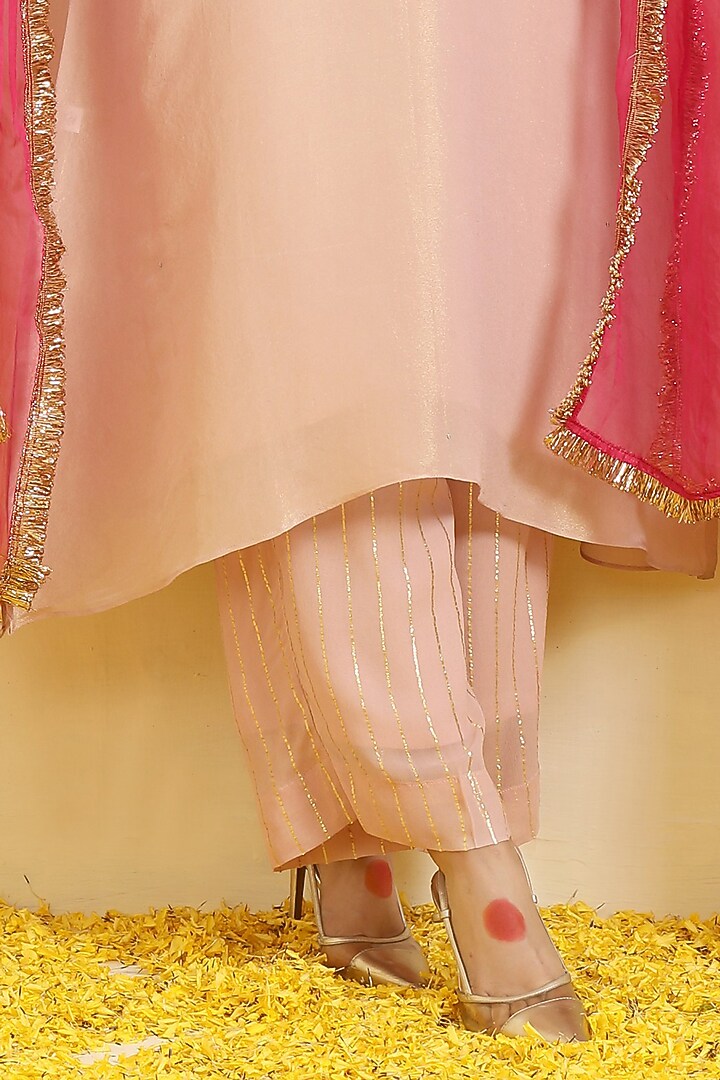 Peach-Pink Silk Tissue Gota Hand Embroidered Kurta Set by Trendy Tokari at Pernia's Pop Up Shop