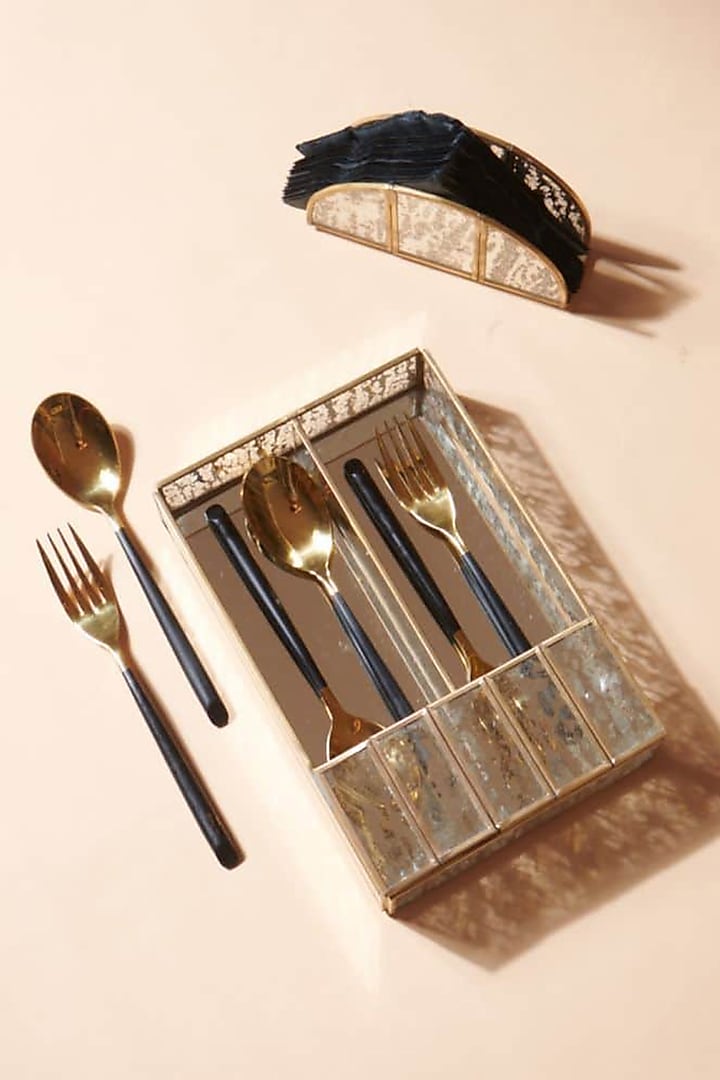 Gold Mirror & Metal Cutlery Holder by Treasured Occasions