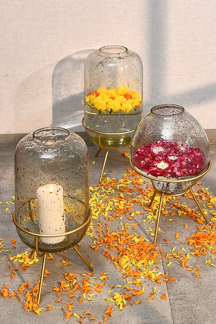 Matt Gold Metal & Glass Candle Stand (Set of 6) by Treasured Occasions at Pernia's Pop Up Shop