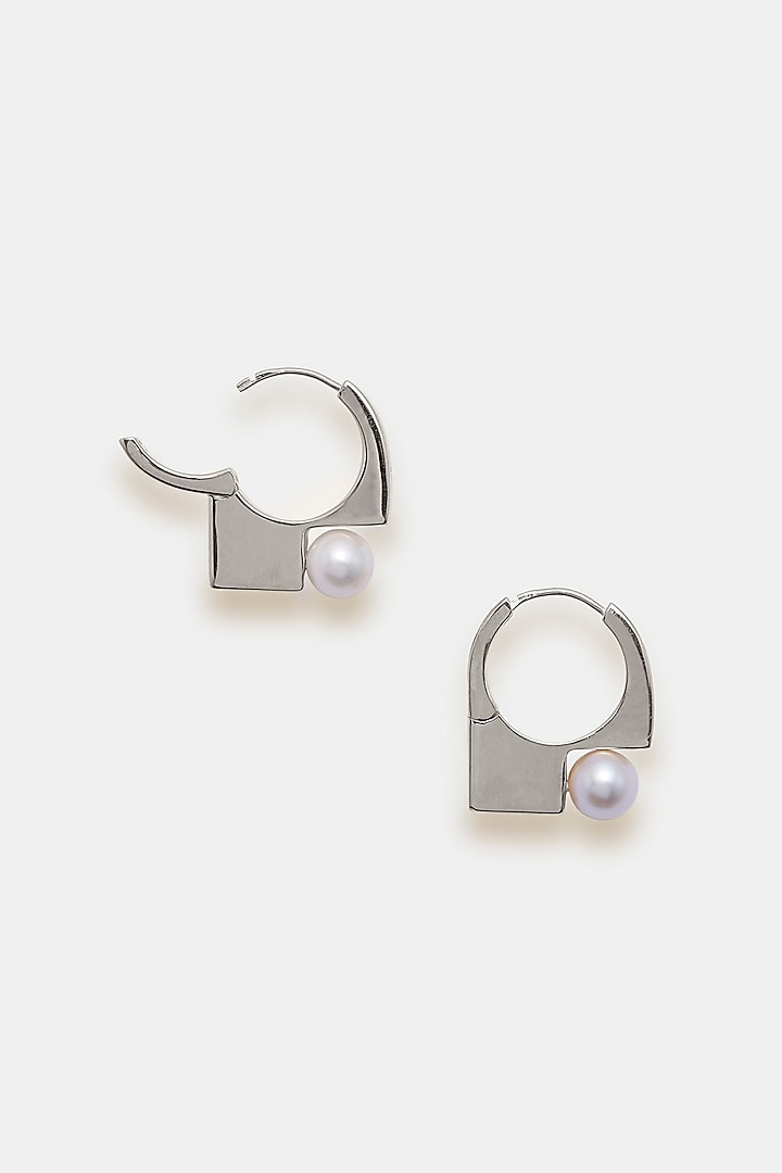 White Gold Plated Pearl Hoop Earrings In Sterling Silver by Trisu
