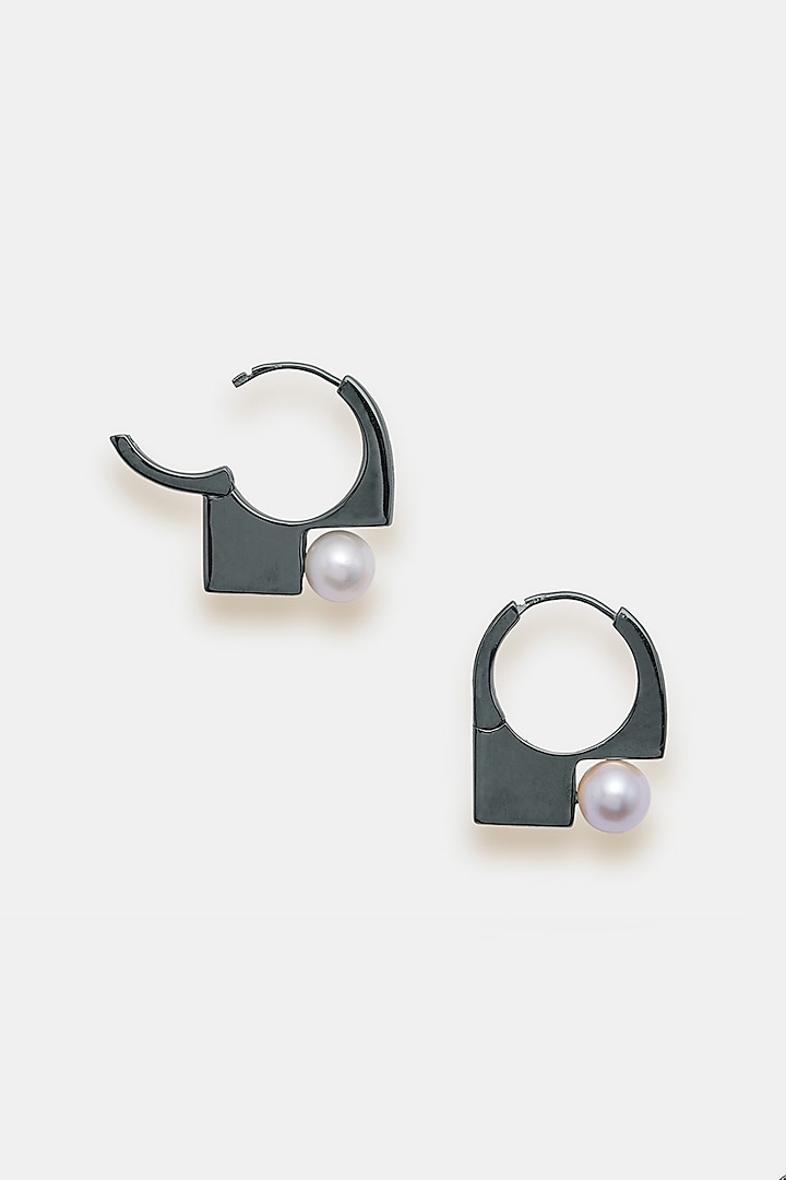 Black Rhodium Plated Pearl Hoop Earrings In Sterling Silver by Trisu