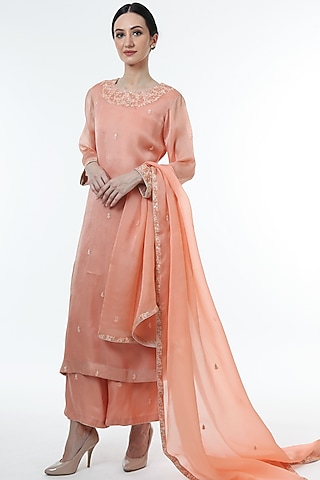 Peach Embroidered Kurta Set by Trisvaraa