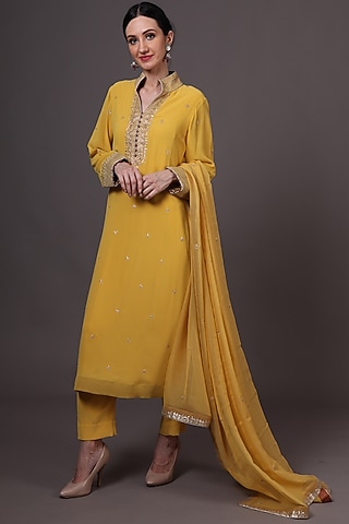 Yellow Embroidered Kurta Set by Trisvaraa