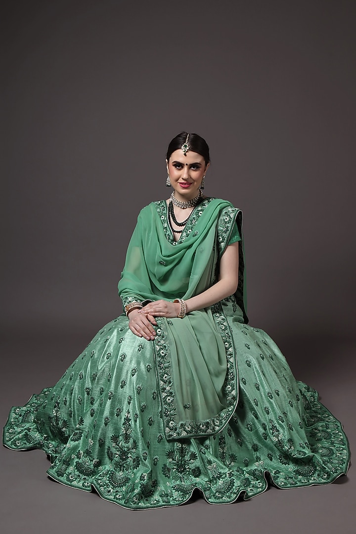 Green Embroidered Bridal Lehenga Set by Trisvaraa at Pernia's Pop Up Shop