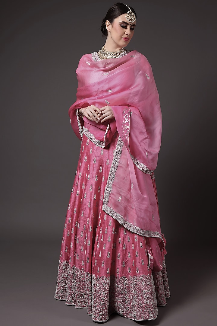 Pink Embroidered Lehenga Set by Trisvaraa