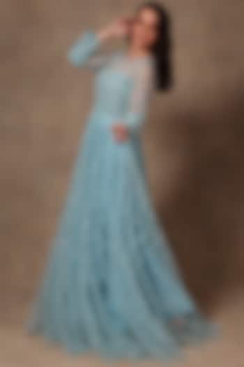 Blue Embroidered Gown by Trisvaraa