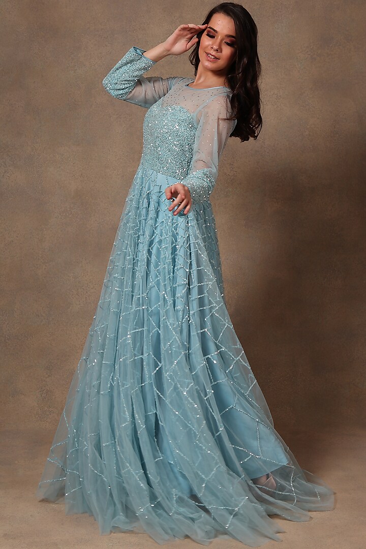 Blue Embroidered Gown by Trisvaraa