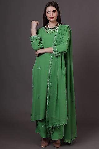 Green Pure Crepe Embroidered Kurta Set by Trisvaraa