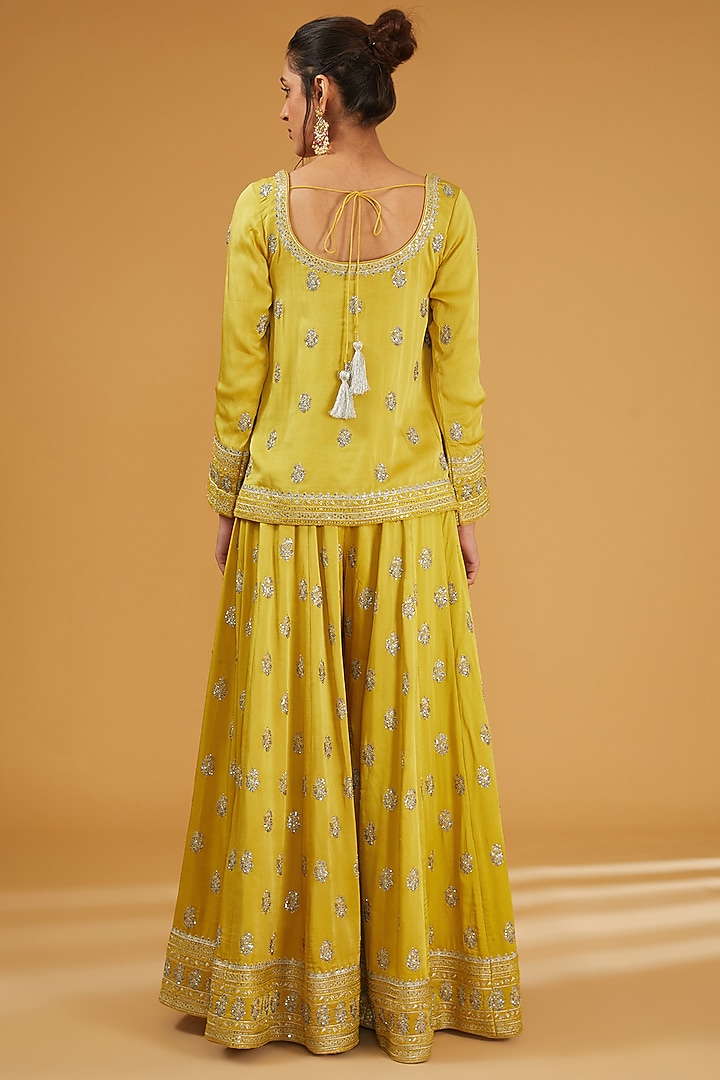 Dusty Mustard Silk Satin Sequins Embroidered Wedding Sharara Set by Trisvaraa at Pernia's Pop Up Shop
