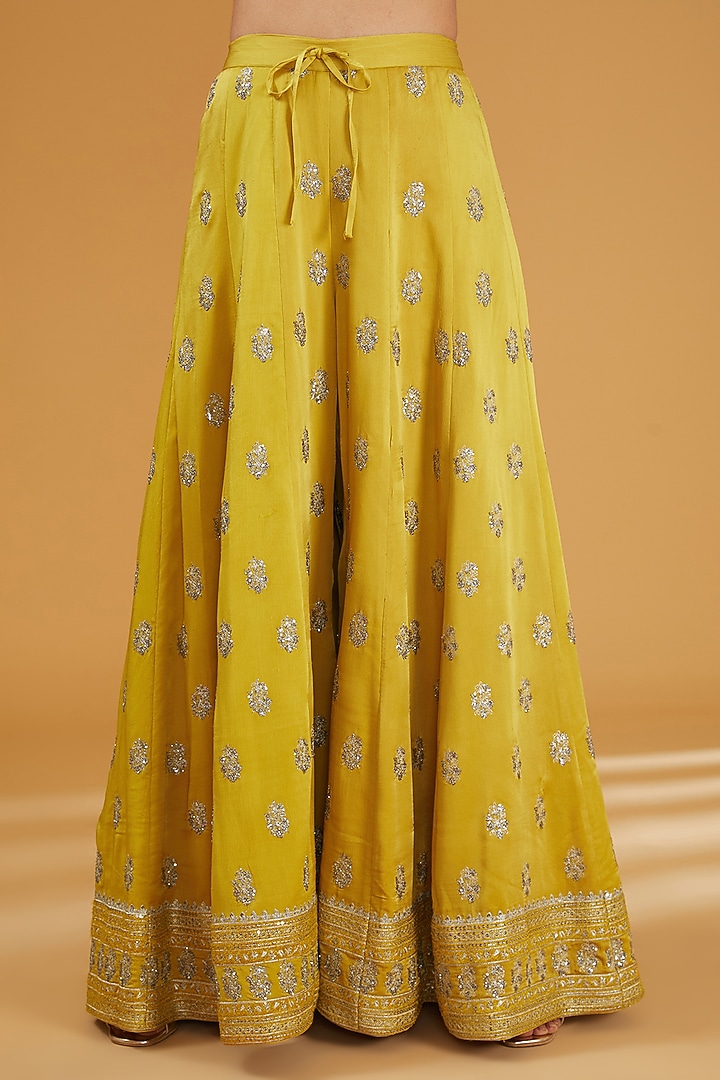 Dusty Mustard Silk Satin Sequins Embroidered Wedding Sharara Set by Trisvaraa at Pernia's Pop Up Shop