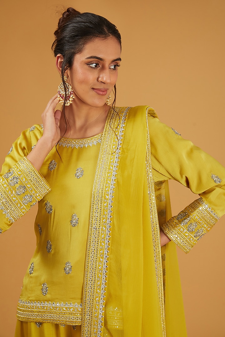 Dusty Mustard Silk Satin Sequins Embroidered Wedding Sharara Set by Trisvaraa at Pernia's Pop Up Shop