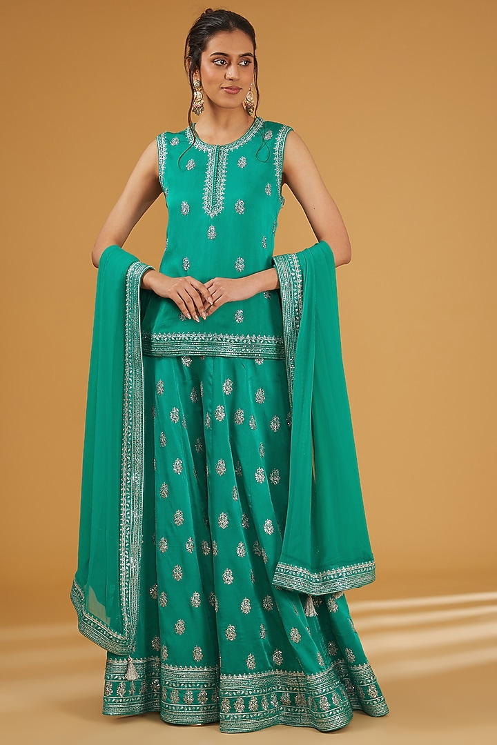 Sea Green Silk Satin Sequins Embroidered Wedding Sharara Set by Trisvaraa at Pernia's Pop Up Shop