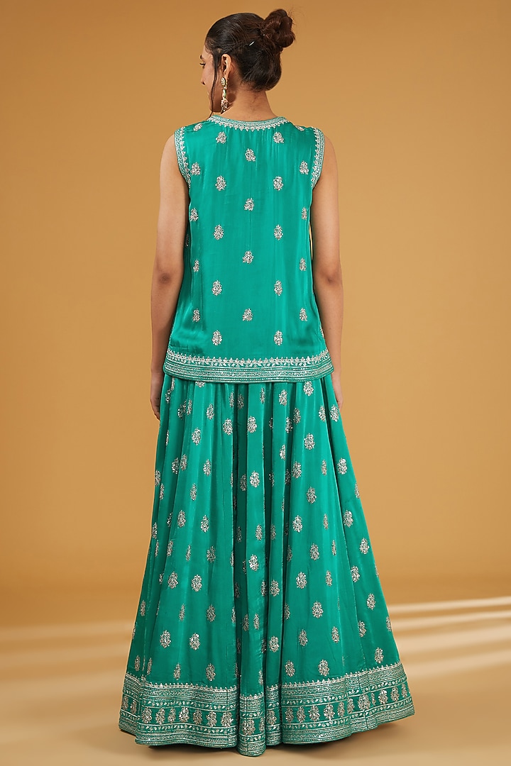 Sea Green Silk Satin Sequins Embroidered Wedding Sharara Set by Trisvaraa at Pernia's Pop Up Shop
