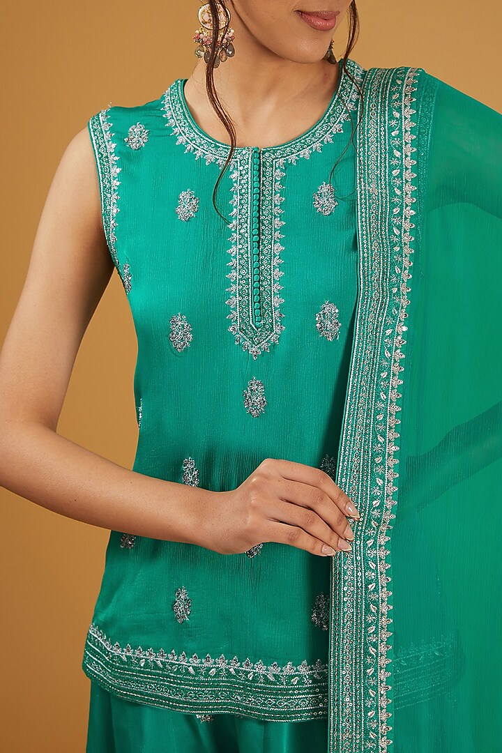 Sea Green Silk Satin Sequins Embroidered Wedding Sharara Set by Trisvaraa at Pernia's Pop Up Shop
