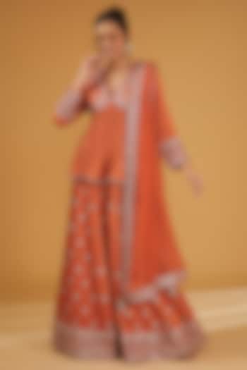 Burnt Orange Silk Satin Sequins Embroidered Sharara Set by Trisvaraa