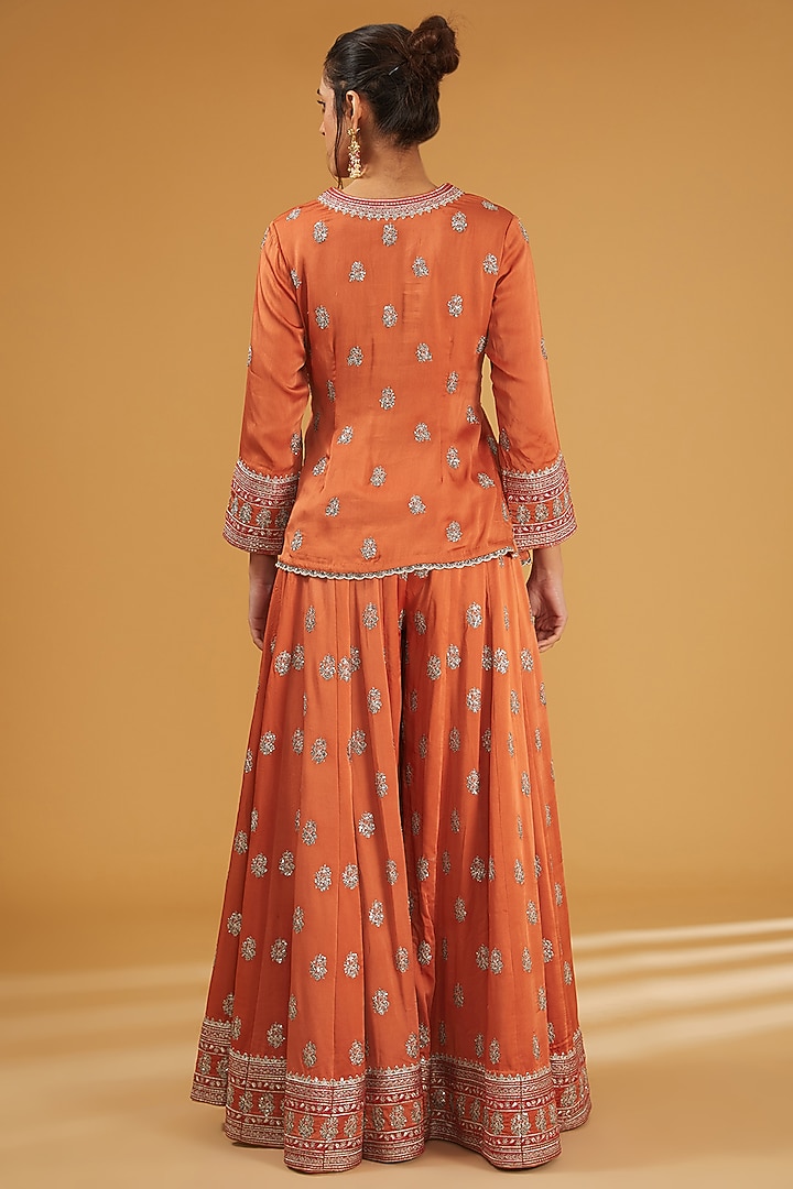 Burnt Orange Silk Satin Sequins Embroidered Wedding Sharara Set by Trisvaraa at Pernia's Pop Up Shop
