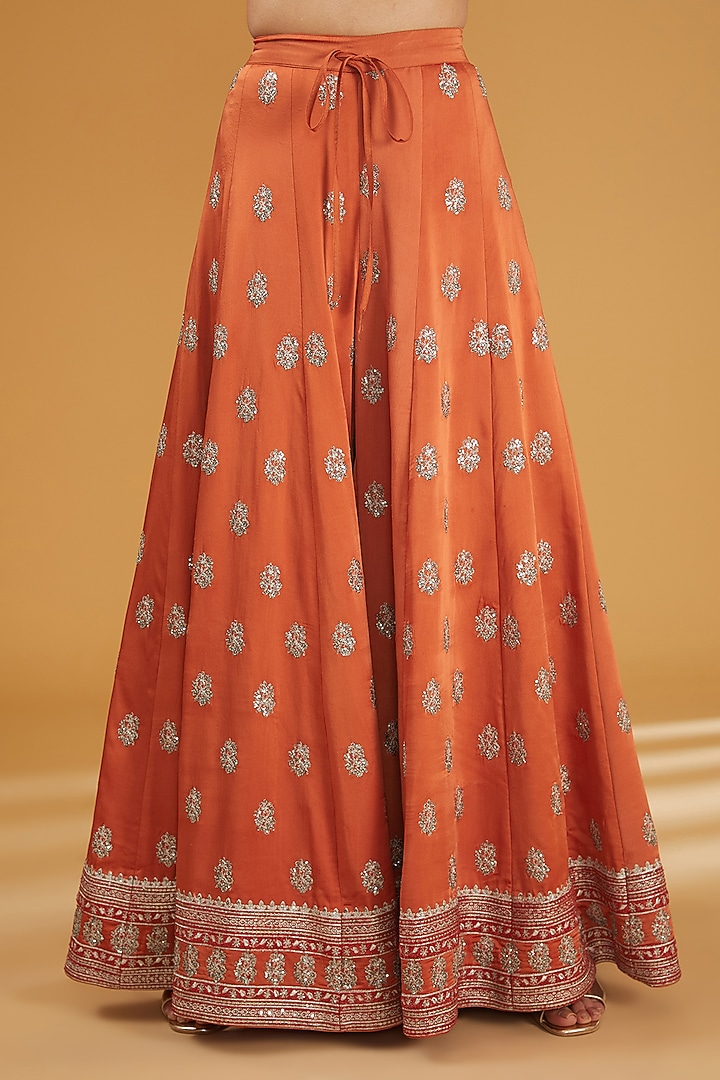 Burnt Orange Silk Satin Sequins Embroidered Wedding Sharara Set by Trisvaraa at Pernia's Pop Up Shop