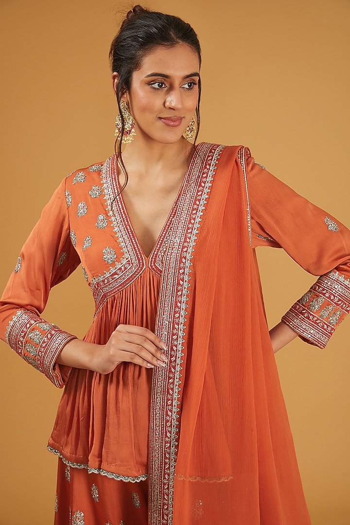 Burnt Orange Silk Satin Sequins Embroidered Wedding Sharara Set by Trisvaraa at Pernia's Pop Up Shop