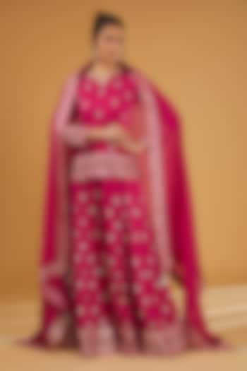 Rani Pink Silk Satin Sequins Embroidered Sharara Set by Trisvaraa at Pernia's Pop Up Shop