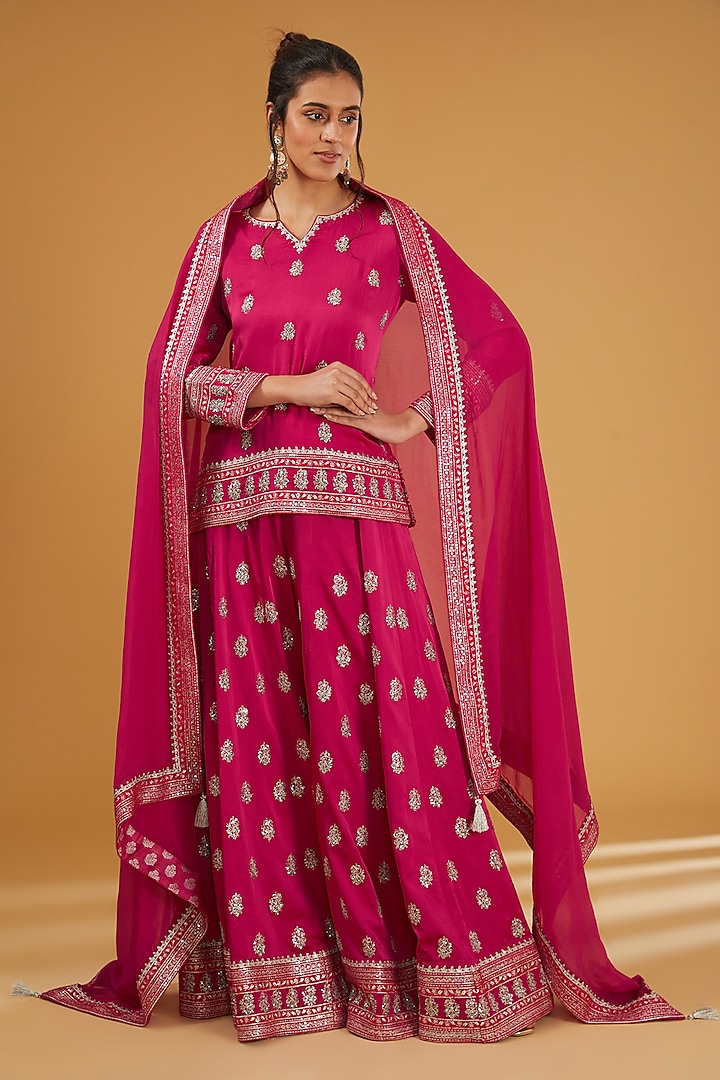 Rani Pink Silk Satin Sequins Embroidered Sharara Set by Trisvaraa at Pernia's Pop Up Shop