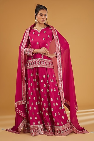 Rani Pink Silk Satin Sequins Embroidered Sharara Set by Trisvaraa