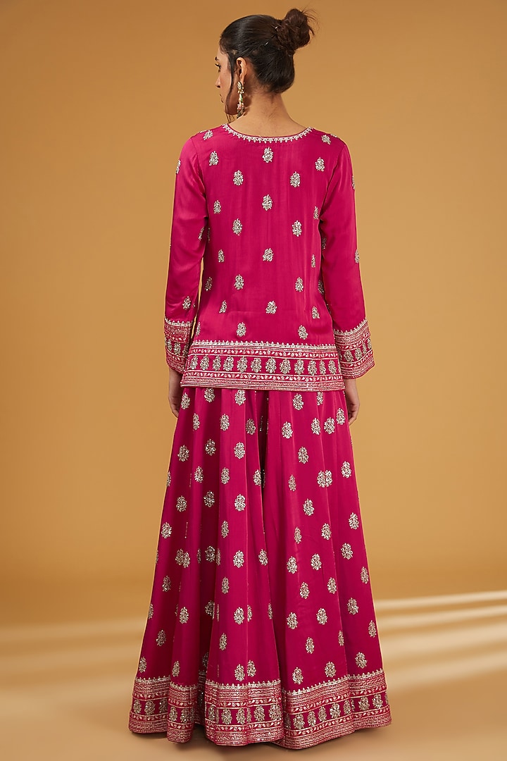 Rani Pink Silk Satin Sequins Embroidered Wedding Sharara Set by Trisvaraa at Pernia's Pop Up Shop