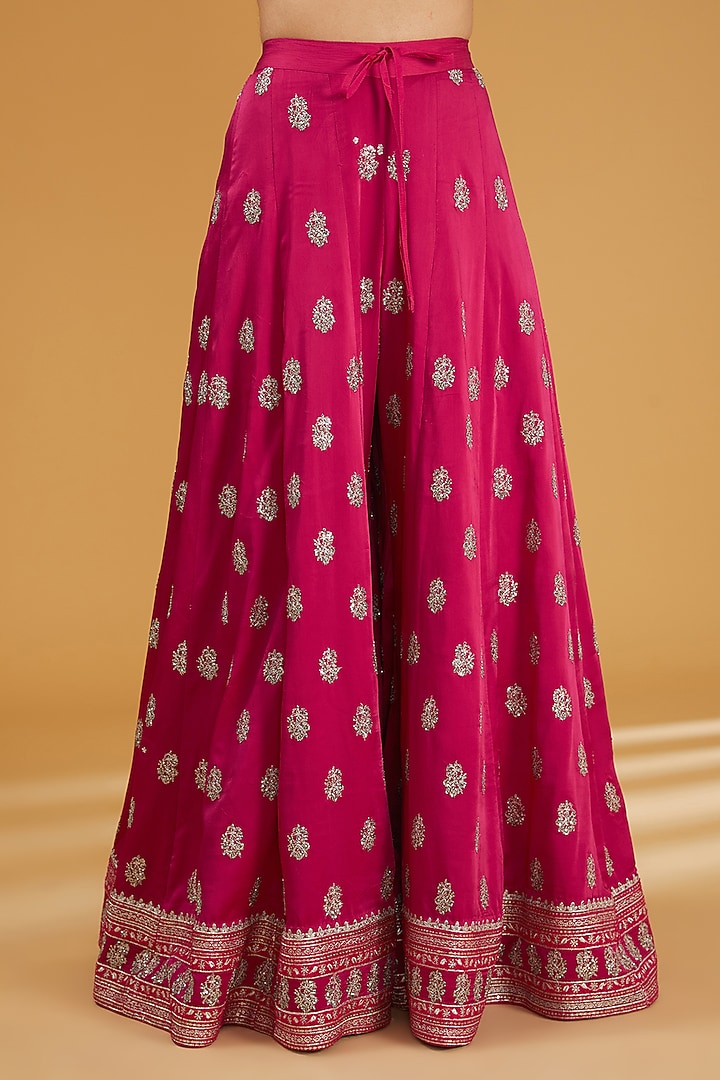 Rani Pink Silk Satin Sequins Embroidered Wedding Sharara Set by Trisvaraa at Pernia's Pop Up Shop