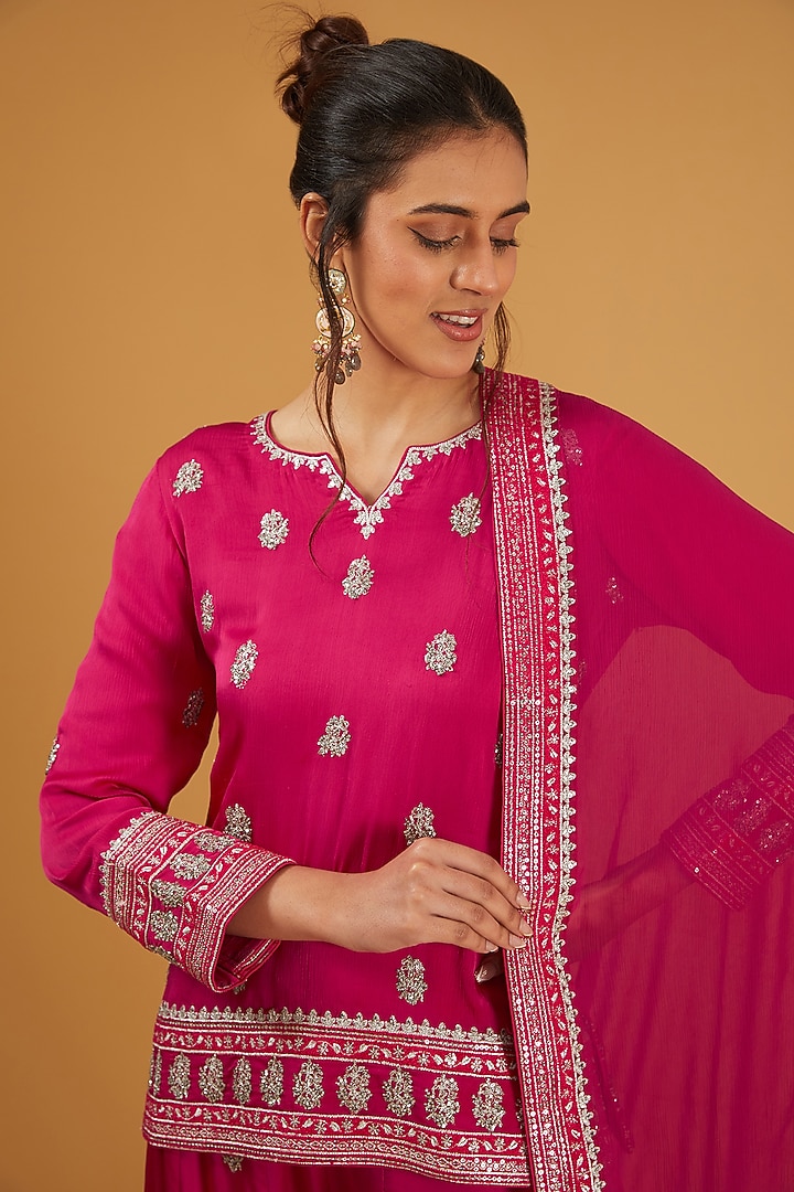 Rani Pink Silk Satin Sequins Embroidered Wedding Sharara Set by Trisvaraa at Pernia's Pop Up Shop