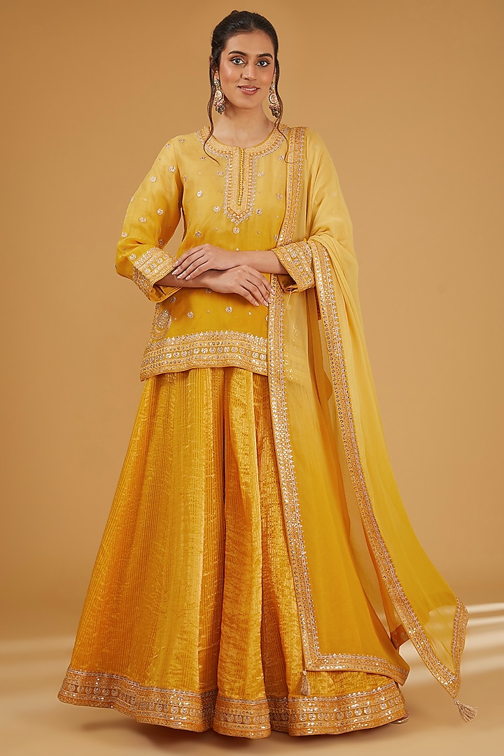 Yellow Pure Silk Cotton Chand Boota Embroidered Sharara Set by Trisvaraa at Pernia's Pop Up Shop