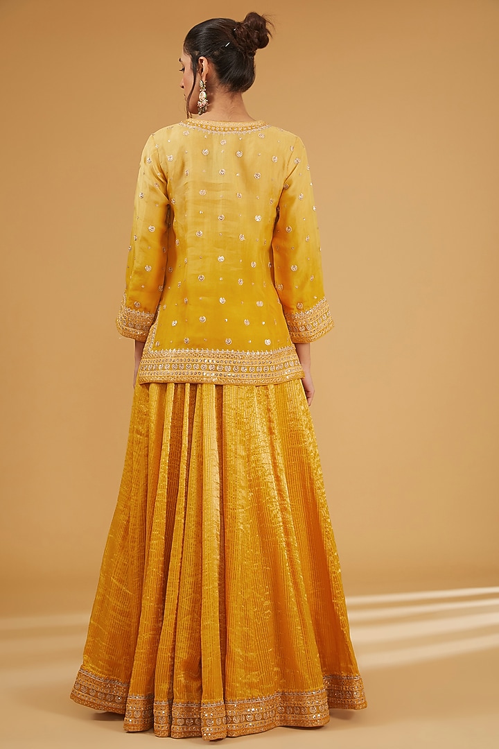 Yellow Pure Silk Cotton Chand Boota Embroidered Wedding Sharara Set by Trisvaraa at Pernia's Pop Up Shop