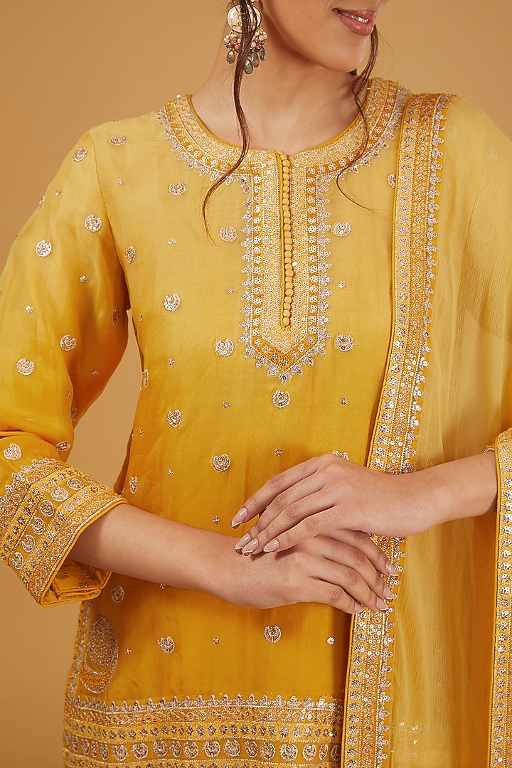 Yellow Pure Silk Cotton Chand Boota Embroidered Wedding Sharara Set by Trisvaraa at Pernia's Pop Up Shop