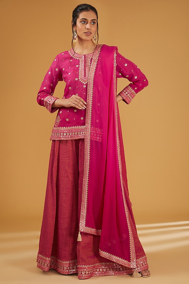 Rani Pink Pure Silk Cotton Chand Boota Embroidered Sharara Set by Trisvaraa at Pernia's Pop Up Shop