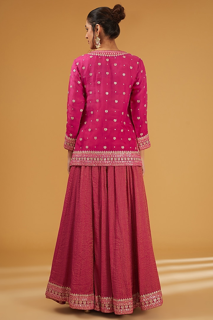 Rani Pink Pure Silk Cotton Chand Boota Embroidered Wedding Sharara Set by Trisvaraa at Pernia's Pop Up Shop