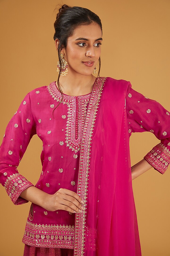 Rani Pink Pure Silk Cotton Chand Boota Embroidered Wedding Sharara Set by Trisvaraa at Pernia's Pop Up Shop