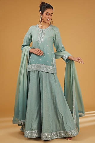 Granite Green Pure Silk Cotton Chand Boota Embroidered Sharara Set by Trisvaraa