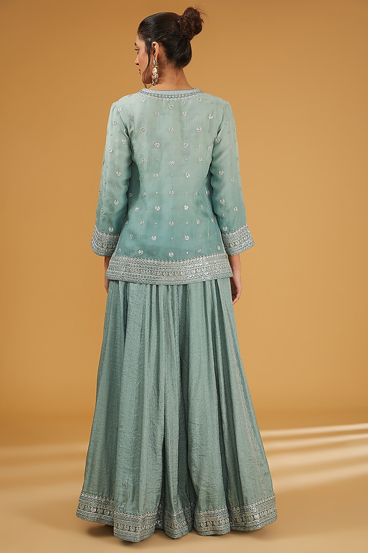 Granite Green Pure Silk Cotton Chand Boota Embroidered Wedding Sharara Set by Trisvaraa at Pernia's Pop Up Shop