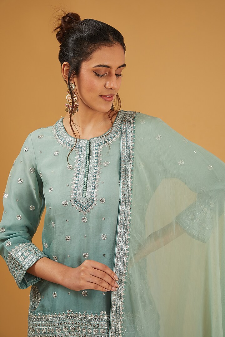 Granite Green Pure Silk Cotton Chand Boota Embroidered Wedding Sharara Set by Trisvaraa at Pernia's Pop Up Shop
