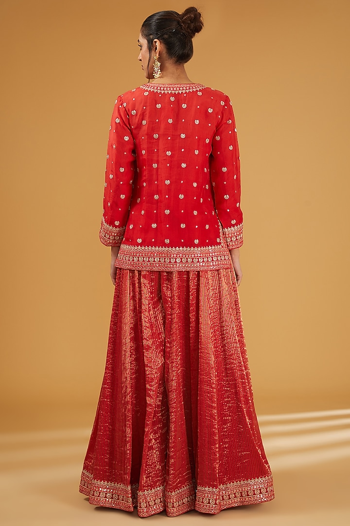 Tomato Red Pure Silk Cotton Chand Boota Embroidered Wedding Sharara Set by Trisvaraa at Pernia's Pop Up Shop