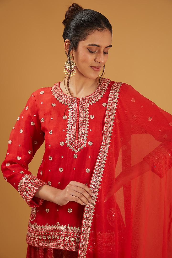 Tomato Red Pure Silk Cotton Chand Boota Embroidered Wedding Sharara Set by Trisvaraa at Pernia's Pop Up Shop