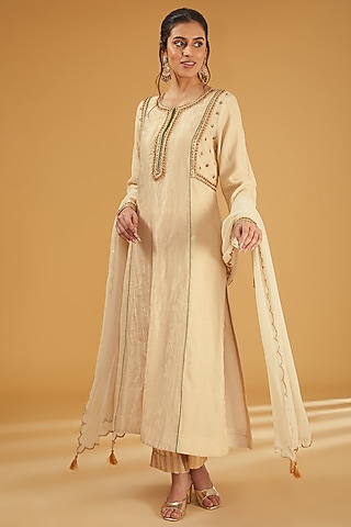 Ivory Handloom Pure Cotton Silk Hand Embroidered Kurta Set by Trisvaraa
