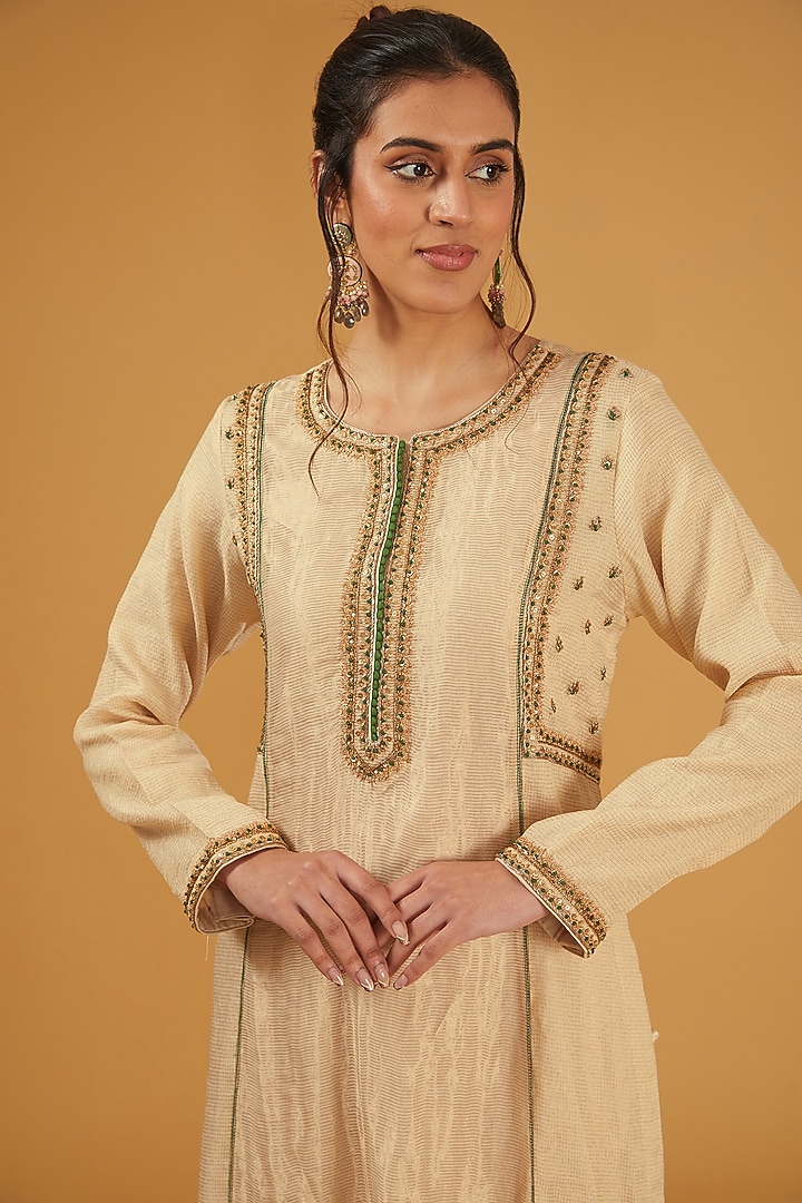 Ivory Handloom Pure Cotton Silk Hand Embroidered Kurta Set by Trisvaraa at Pernia's Pop Up Shop