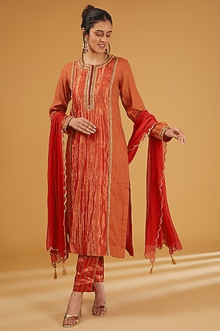 Orange Handloom Pure Cotton Silk Hand Embroidered Kurta Set by Trisvaraa
