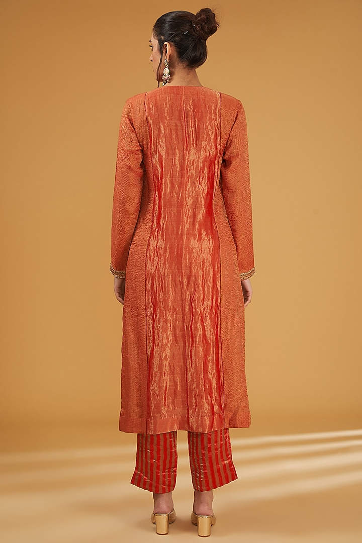 Orange Handloom Pure Cotton Silk Hand Embroidered Kurta Set by Trisvaraa at Pernia's Pop Up Shop